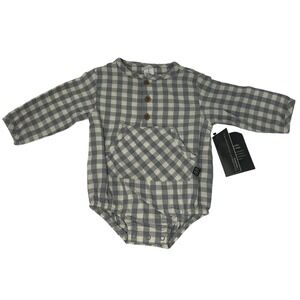 Modern Moments by Gerber Baby Gingham Henley Bodysuit‎ Grey White 12M New